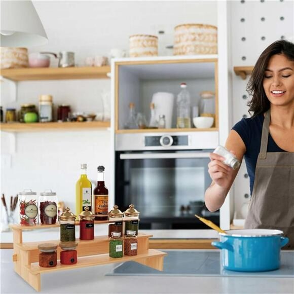 3 tier bamboo spice rack organizer kitchen cabinet pantry shelf storage jars can - Picture 7 of 8